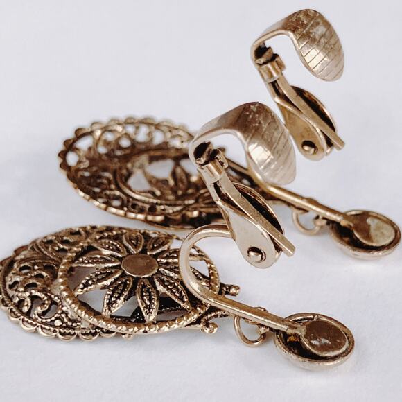 VTG Mid Century Clip On Earrings Gold Filigree West Germany (?) 1950s Floral - Picture 8 of 9